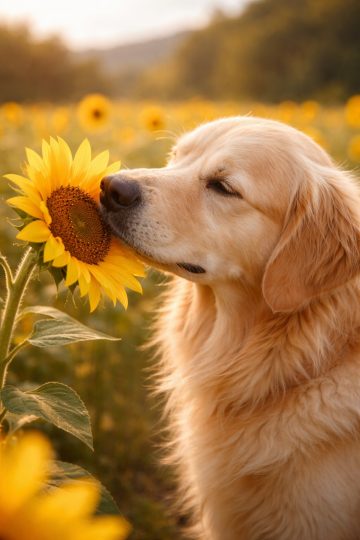 Golden Retriever Sunflower Close-Up Golden Hour Wallpaper