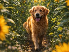 golden retriever walking along a narrow path surrounded by tall blooming sunflowers with warm golden sunlight and soft depth of field