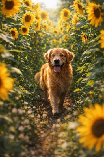 Golden Retriever Sunflower Path Warm Light Wallpaper