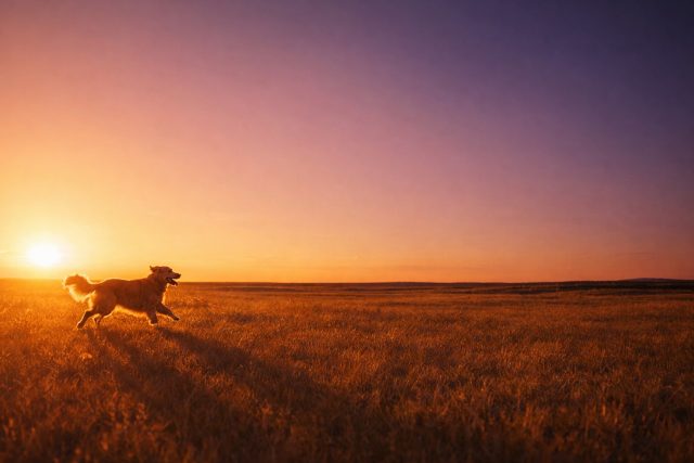 Golden Retriever in Wide Sunset Field Wallpaper