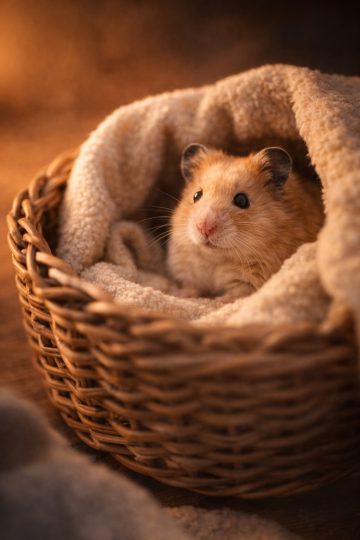 Hamster in Basket with Blanket Warm Light