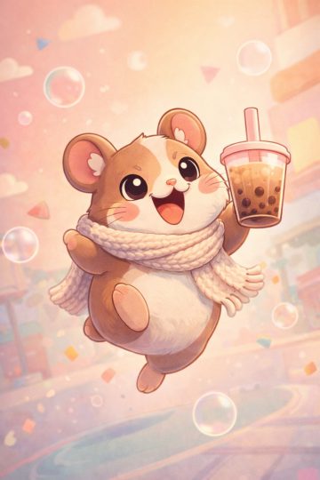 Happy Hamster with Bubble Tea Cartoon Wallpaper