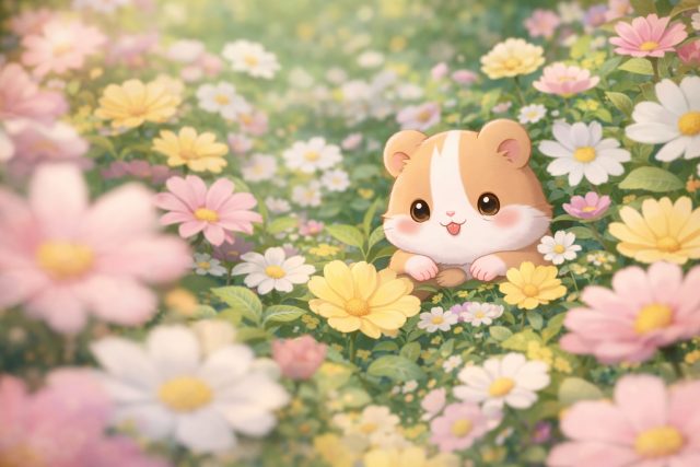 Hamster Close Up in Flower Garden Wallpaper