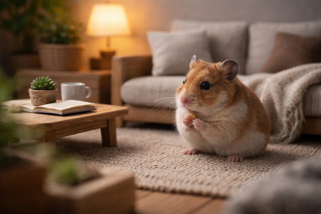 Hamster in Cozy Living Room Snack Time Wallpaper