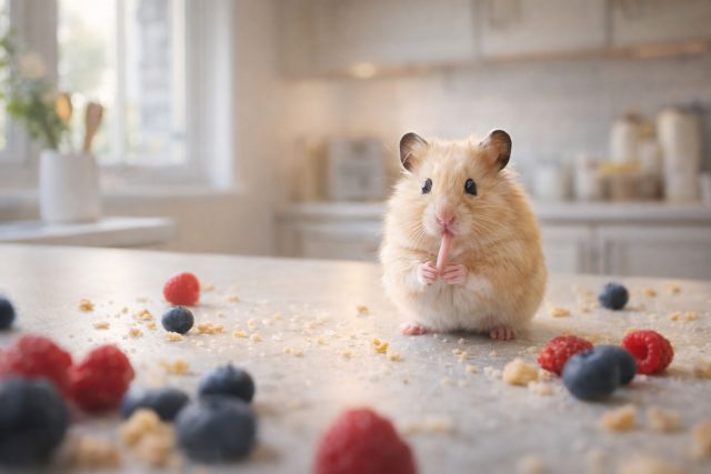 Hamster with Berries on Kitchen Table Wallpaper