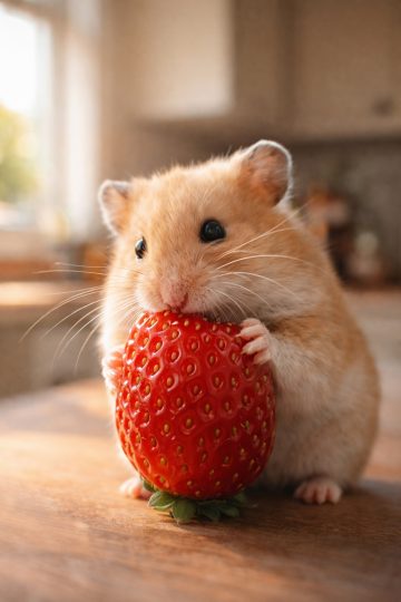 Hamster Holding a Strawberry Close-Up Wallpaper