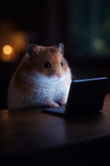 Hamster Using Laptop at Night Soft Glow Wallpaper