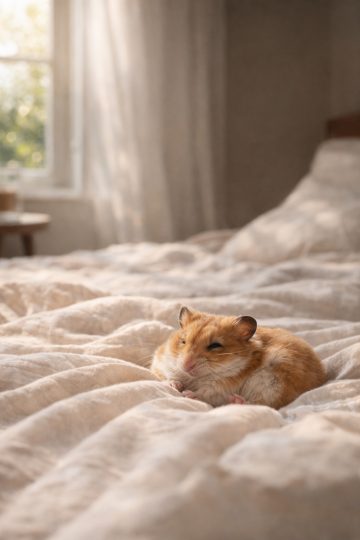 Hamster Resting on Bed in Soft Sunlight