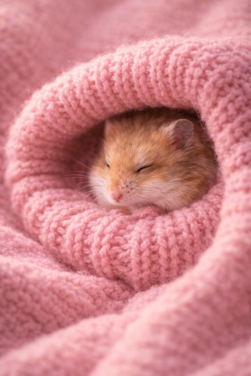 Sleeping Hamster in Pink Knitted Blanket