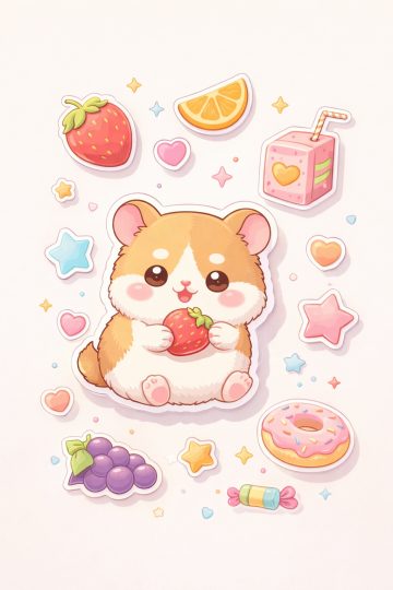 Hamster Sticker Style with Fruits Cartoon Wallpaper
