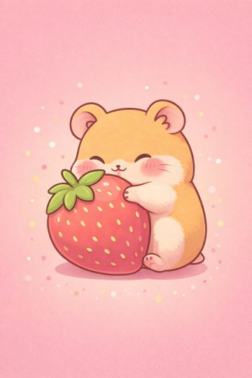 Cute Hamster with Strawberry Pink Cartoon Wallpaper