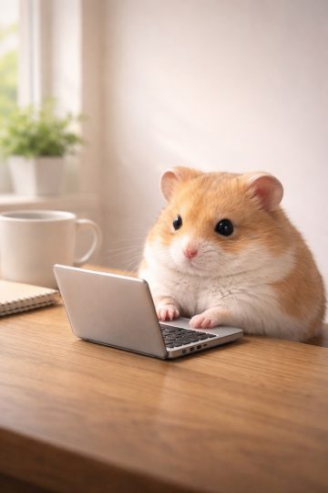 Hamster Working on Laptop Morning Desk Wallpaper