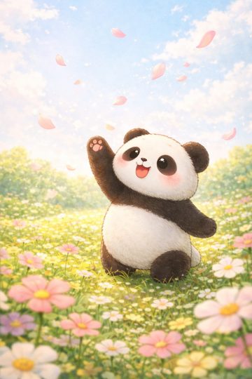 Happy Panda Playing in a Spring Flower Meadow Wallpaper