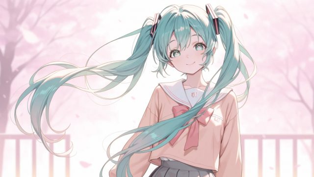 Hatsune Miku in a Soft Cherry Blossom Breeze Wallpaper