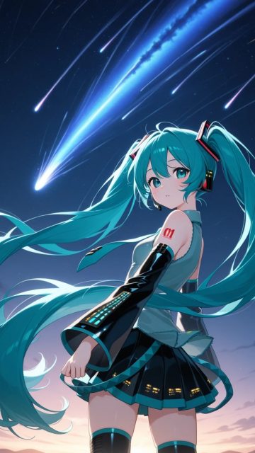 Hatsune Miku Beneath a Meteor Sky Wallpaper