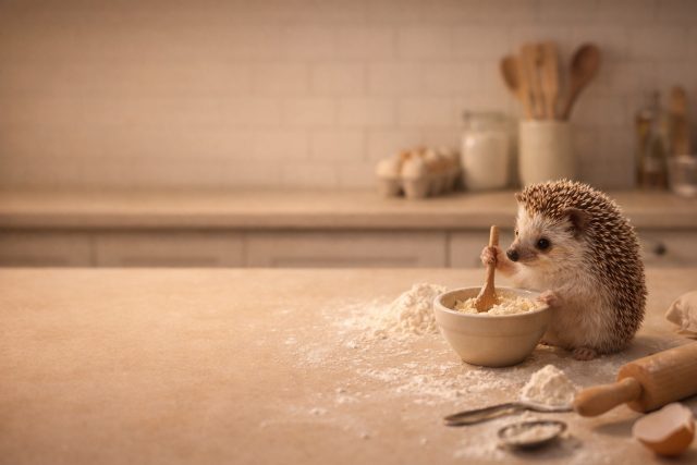 Hedgehog Baking in Kitchen Wallpaper