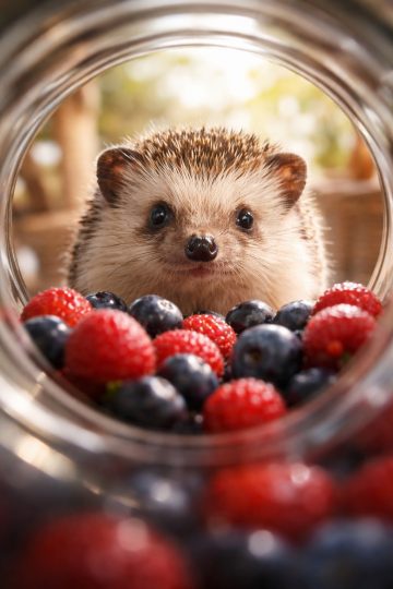 Hedgehog Looking Through Berry Jar Wallpaper