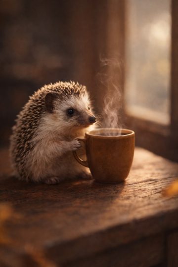 Hedgehog with Coffee Mug Cozy Window Wallpaper