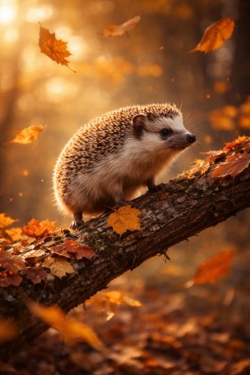 Hedgehog on a Branch in Golden Autumn Light Wallpaper