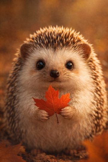 Hedgehog Holding a Maple Leaf in Autumn Wallpaper