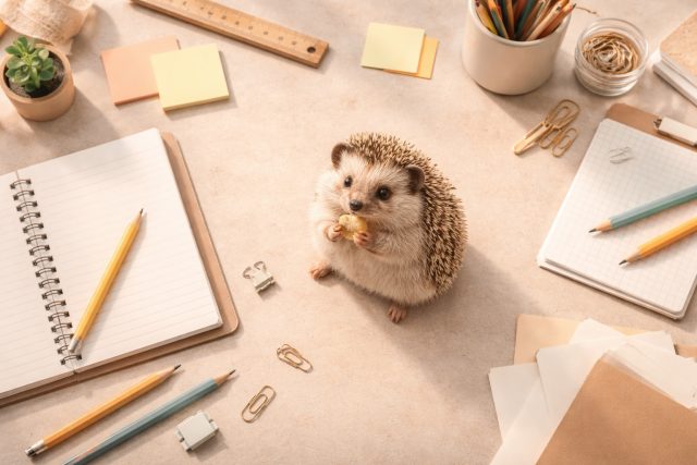 Hedgehog on Desk with Stationery Wallpaper