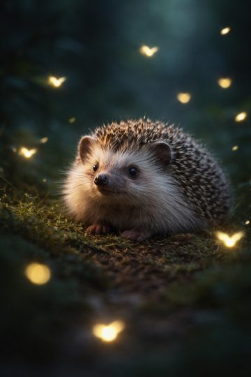 Hedgehog with Glowing Fireflies in Forest Wallpaper