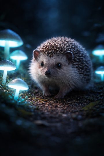 Hedgehog with Glowing Mushrooms Fantasy Wallpaper