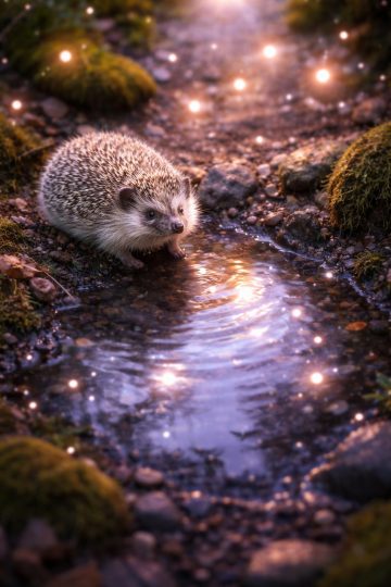 Hedgehog by Glowing Stream Reflection Wallpaper