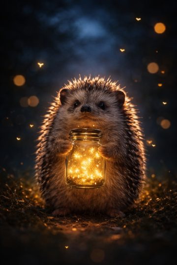 Hedgehog Holding Fireflies Jar Night Wallpaper