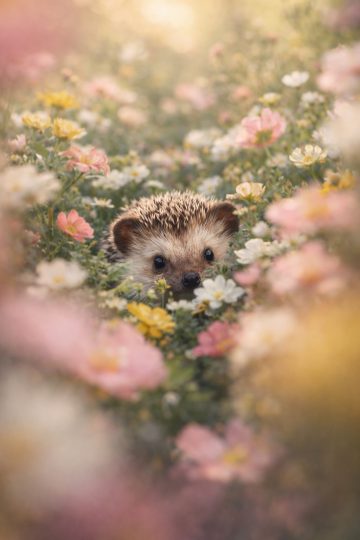 Hedgehog Peeking Through Blooming Flowers Wallpaper