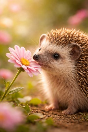 Hedgehog Smelling Pink Flower in Garden Wallpaper
