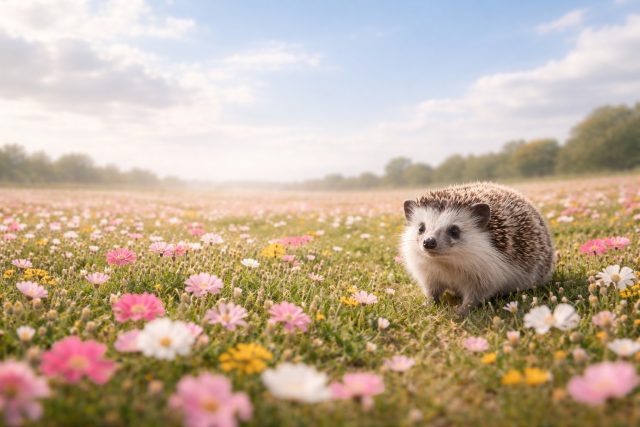 Hedgehog in Wide Flower Meadow Wallpaper