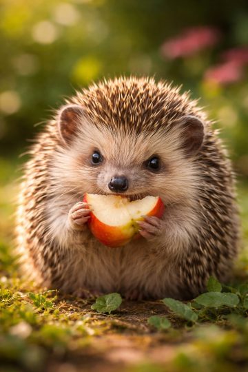 Hedgehog Eating Apple in Sunlight Wallpaper