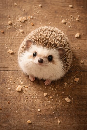 Hedgehog Sitting with Crumbs on Wooden Floor Wallpaper