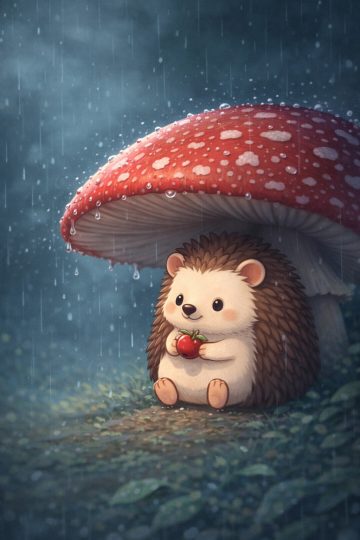 Hedgehog Under Mushroom in Rain with Apple Wallpaper