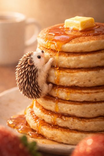 Hedgehog Climbing Pancake Stack with Honey Wallpaper
