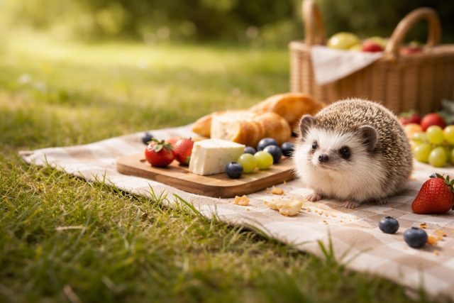 Hedgehog Picnic with Fruits Wallpaper