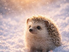 a hedgehog sitting in snow illuminated by warm golden sunlight with soft bokeh and falling snow