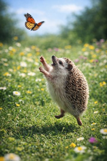 Playful Hedgehog Jumping Toward Butterfly Wallpaper