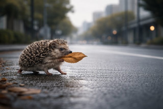 Hedgehog Carrying Leaf on City Street Wallpaper