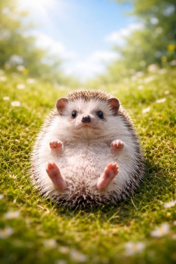 Playful Hedgehog Lying on Back in Sunny Meadow Wallpaper