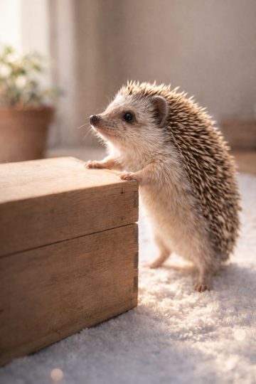 Playful Hedgehog Peeking Over Wooden Box Wallpaper