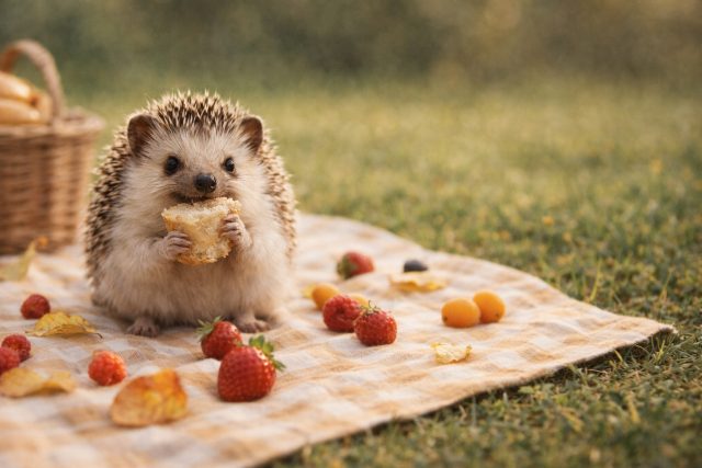 Hedgehog Picnic with Bread and Fruits Wallpaper