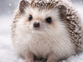 a hedgehog covered in light snowflakes with soft winter background and shallow depth of field