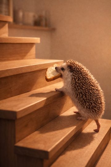 Hedgehog Carrying Bread Up Stairs Wallpaper