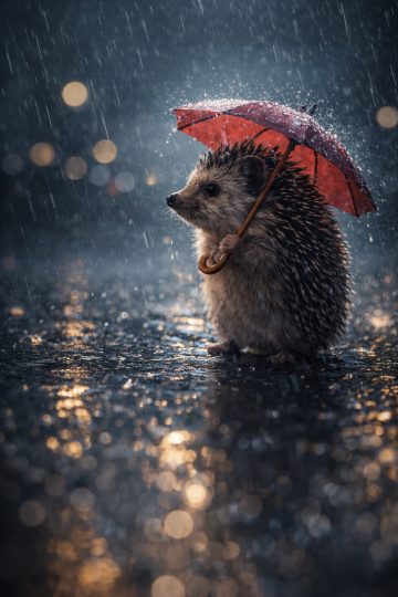 Hedgehog with Umbrella in Rain Wallpaper