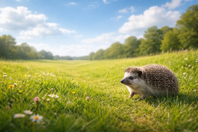 Playful Hedgehog Walking in Sunny Field Wallpaper