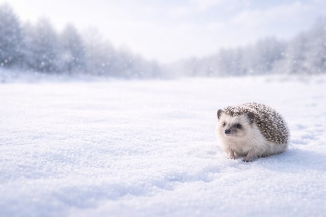Hedgehog in Wide Snow Field Minimal Wallpaper