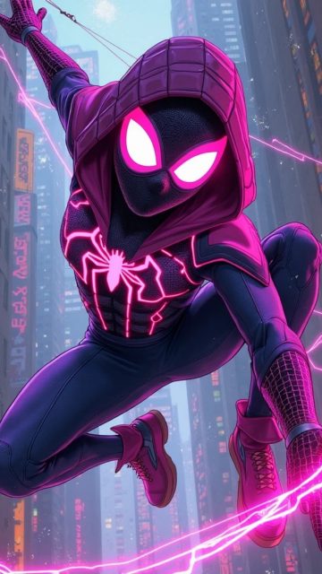Hooded Spider-Man Neon Action Wallpaper