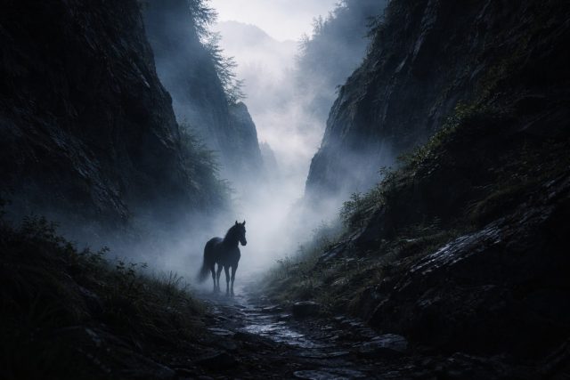 Horse on a Misty Canyon Trail Wallpaper